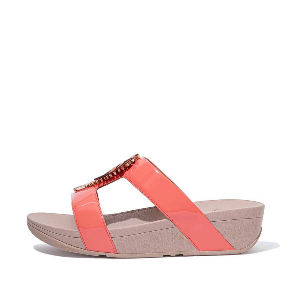 Fitflop Womens Slides - Lottie Jungle-leaf Patent - Coral Pink - 573-LSERVB